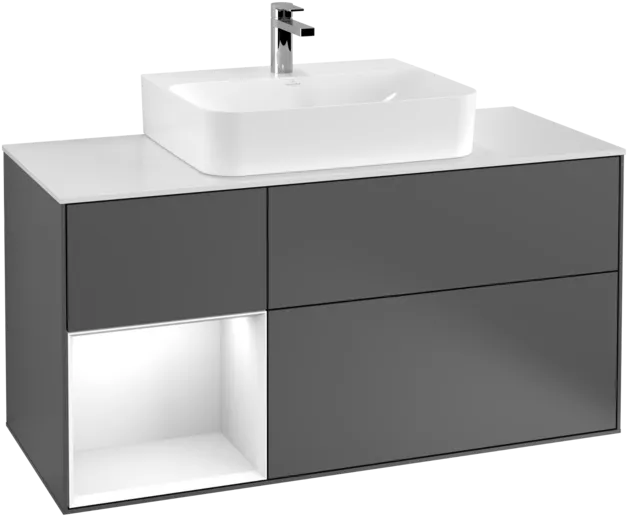 VILLEROY BOCH Toaletní skříňka Finion, s osvětlením, 3 výsuvy, 1200 x 603 x 501 mm, antracit matný lak / lesklý bílý lak / sklo bílé matné #F161GFGK