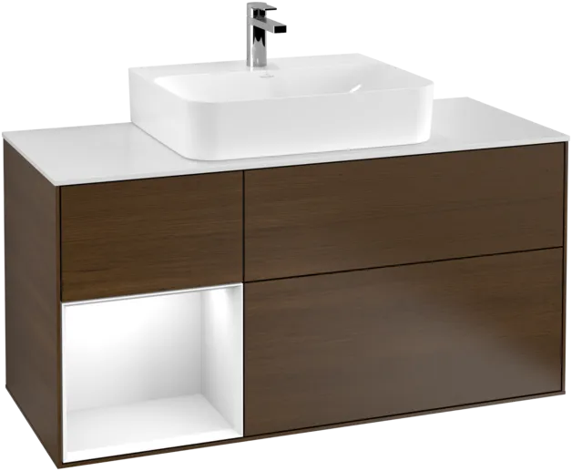 VILLEROY BOCH Toaletní skříňka Finion, s osvětlením, 3 výsuvy, 1200 x 603 x 501 mm, ořechová dýha / lesklý bílý lak / sklo bílé matné #F161GFGN, obrázek 1