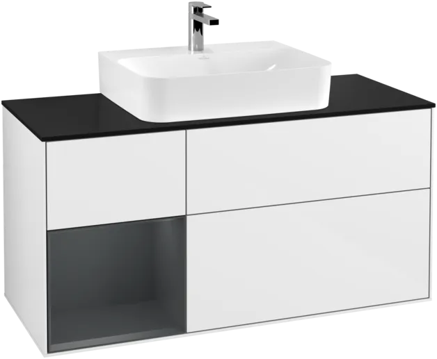 VILLEROY BOCH Toaletní skříňka Finion, s osvětlením, 3 výsuvy, 1200 x 603 x 501 mm, lesklý bílý lak / půlnoční modrý matný lak / černé matné sklo #F162HGGF, obrázek 1