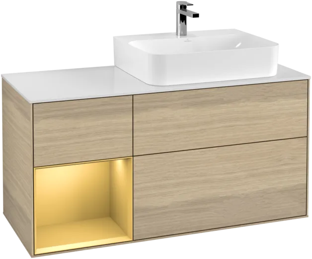 VILLEROY BOCH Toaletní skříňka Finion, s osvětlením, 3 výsuvy, 1200 x 603 x 501 mm, dubová dýha / zlatý matný lak / sklo bílé matné #F141HFPC, obrázek 1