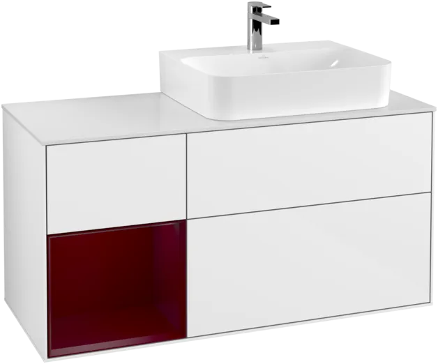 VILLEROY BOCH Toaletní skříňka Finion, s osvětlením, 3 výsuvy, 1200 x 603 x 501 mm, lesklý bílý lak / matný lak Pivoňka / matné bílé sklo #F141HBGF, obrázek 1