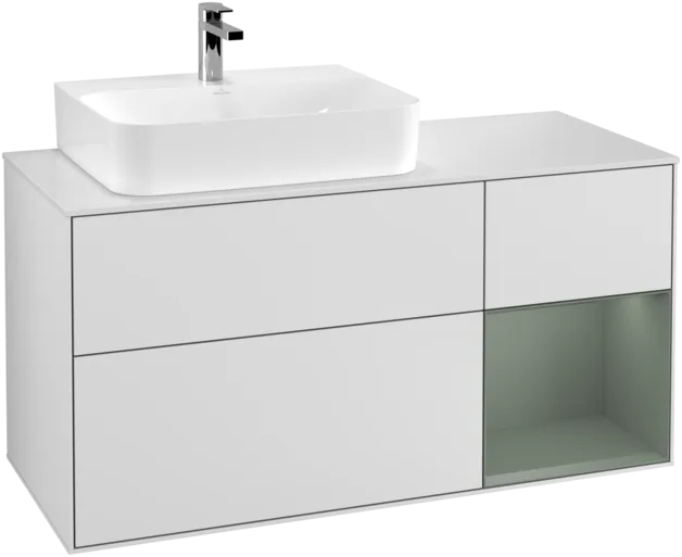 VILLEROY BOCH Toaletní skříňka Finion, s osvětlením, 3 výsuvy, 1200 x 603 x 501 mm, bílý matný lak / olivový matný lak / sklo bílé matné #F151GMMT