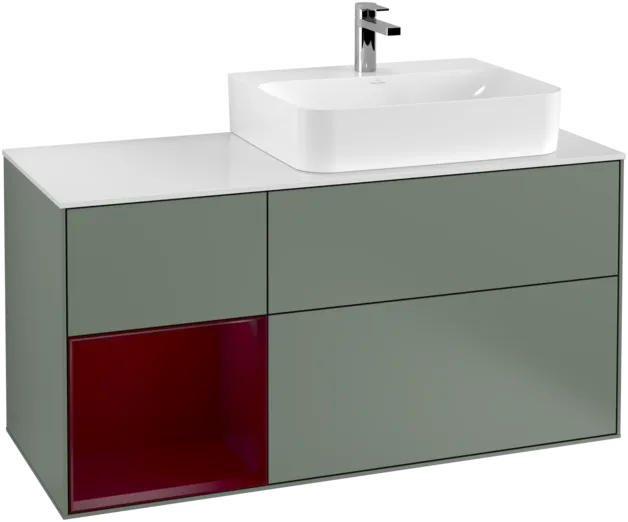 VILLEROY BOCH Toaletní skříňka Finion, s osvětlením, 3 výsuvy, 1200 x 603 x 501 mm, olivový matný lak / pivoňkový matný lak / bílé matné sklo #F141HBGM