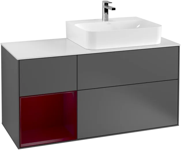 VILLEROY BOCH Toaletní skříňka Finion, s osvětlením, 3 výsuvy, 1200 x 603 x 501 mm, antracitový matný lak / pivoňkový matný lak / bílé matné sklo #F141HBGK