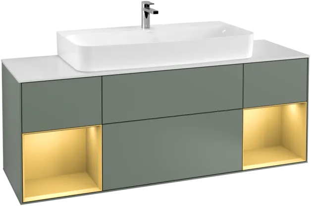VILLEROY BOCH Toaletní skříňka Finion, s osvětlením, 4 výsuvy, 1600 x 603 x 501 mm, olivový matný lak / zlatý matný lak / bílé matné sklo #F211HFGM