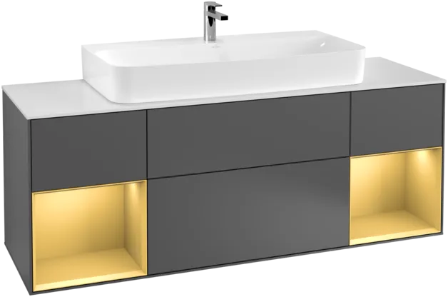 VILLEROY BOCH Toaletní skříňka Finion, s osvětlením, 4 výsuvy, 1600 x 603 x 501 mm, antracitový matný lak / zlatý matný lak / bílé matné sklo #F211HFGK