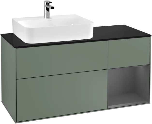 VILLEROY BOCH Toaletní skříňka Finion, s osvětlením, 3 výsuvy, 1200 x 603 x 501 mm, olivový matný lak / antracitový matný lak / černé matné sklo #F152GKGM