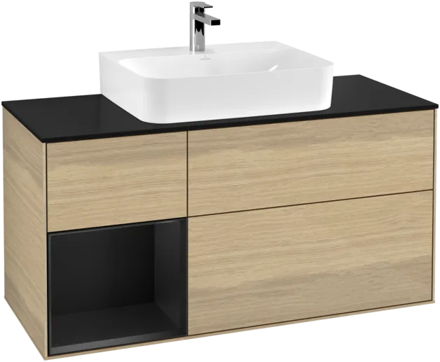 VILLEROY BOCH Toaletní skříňka Finion, s osvětlením, 3 výsuvy, 1200 x 603 x 501 mm, dubová dýha / černý matný lak / černé matné sklo #F162PDPC