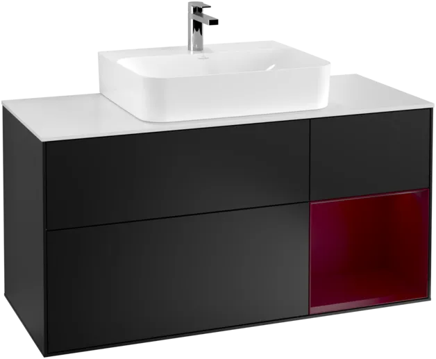 VILLEROY BOCH Toaletní skříňka Finion, s osvětlením, 3 výsuvy, 1200 x 603 x 501 mm, černý matný lak / pivoňkový matný lak / bílé matné sklo #F171HBPD