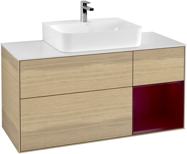 VILLEROY BOCH Toaletní skříňka Finion, s osvětlením, 3 výsuvy, 1200 x 603 x 501 mm, dubová dýha / matný lak Pivoňka / matné bílé sklo #F171HBPC