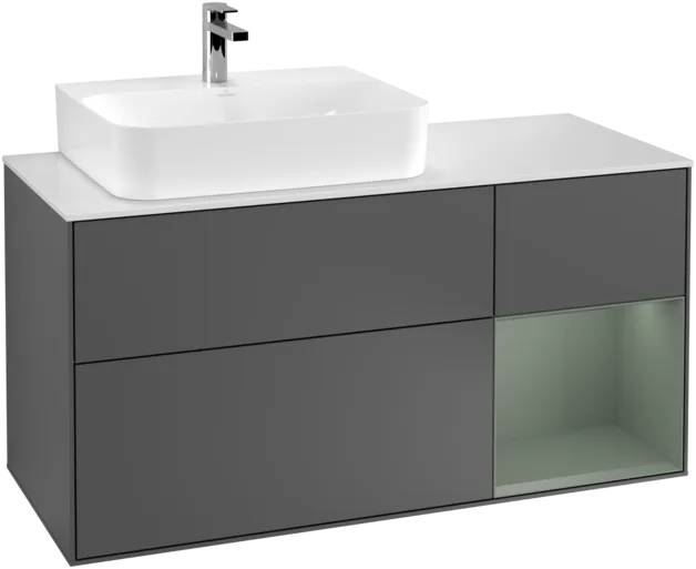 VILLEROY BOCH Toaletní skříňka Finion, s osvětlením, 3 výsuvy, 1200 x 603 x 501 mm, antracitový matný lak / olivový matný lak / bílé matné sklo #F151GMGK