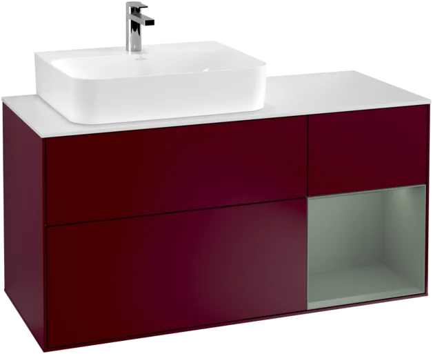 VILLEROY BOCH Toaletní skříňka Finion, s osvětlením, 3 výsuvy, 1200 x 603 x 501 mm, Pivoňka matný lak / Olivový matný lak / Sklo bílé matné #F151GMHB