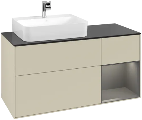 VILLEROY BOCH Toaletní skříňka Finion, s osvětlením, 3 výsuvy, 1200 x 603 x 501 mm, hedvábně šedý matný lak / antracitový matný lak / černé matné sklo #F152GKHJ
