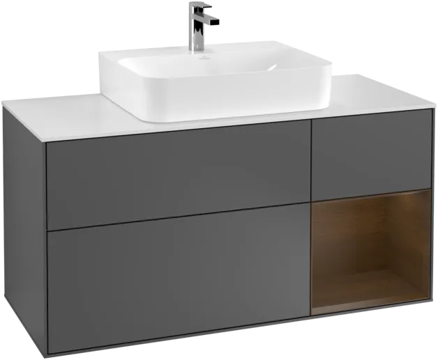 VILLEROY BOCH Toaletní skříňka Finion, s osvětlením, 3 výsuvy, 1200 x 603 x 501 mm, antracit matný lak / ořechová dýha / sklo bílé matné #F171GNGK, obrázek 1