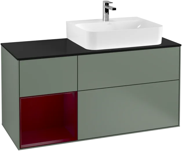 VILLEROY BOCH Toaletní skříňka Finion, s osvětlením, 3 výsuvy, 1200 x 603 x 501 mm, olivový matný lak / pivoňkový matný lak / černé matné sklo #F142HBGM