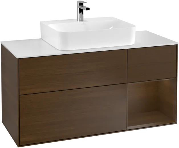 VILLEROY BOCH Toaletní skříňka Finion, s osvětlením, 3 výsuvy, 1200 x 603 x 501 mm, ořechová dýha / ořechová dýha / sklo bílé matné #F171GNGN, obrázek 1