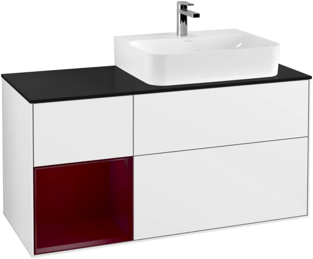 VILLEROY BOCH Toaletní skříňka Finion, s osvětlením, 3 výsuvy, 1200 x 603 x 501 mm, lesklý bílý lak / matný lak Pivoňka / matné černé sklo #F142HBGF