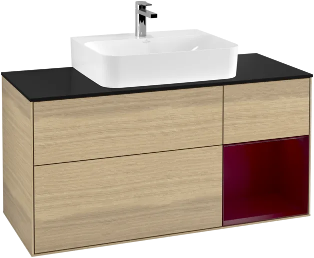 VILLEROY BOCH Toaletní skříňka Finion, s osvětlením, 3 výsuvy, 1200 x 603 x 501 mm, dubová dýha / matný lak Pivoňka / matné černé sklo #F172HBPC