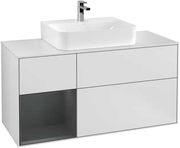 VILLEROY BOCH Toaletní skříňka Finion, s osvětlením, 3 výsuvy, 1200 x 603 x 501 mm, bílý matný lak / půlnoční modrý matný lak / bílé matné sklo #F161HGMT