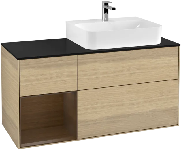 VILLEROY BOCH Toaletní stolek Finion, s osvětlením, 3 výsuvy, 1200 x 603 x 501 mm, dubová dýha / ořechová dýha / sklo černé matné #F142GNPC