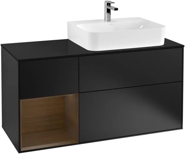 VILLEROY BOCH Toaletní skříňka Finion, s osvětlením, 3 výsuvy, 1200 x 603 x 501 mm, černý matný lak / ořechová dýha / černé matné sklo #F142GNPD, obrázek 1