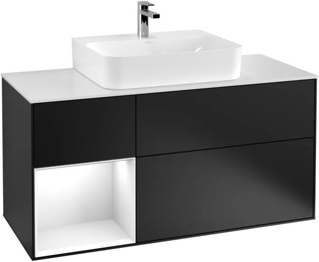 VILLEROY BOCH Toaletní skříňka Finion, s osvětlením, 3 výsuvy, 1200 x 603 x 501 mm, černý matný lak / bílý lesklý lak / bílé matné sklo #F161GFPD