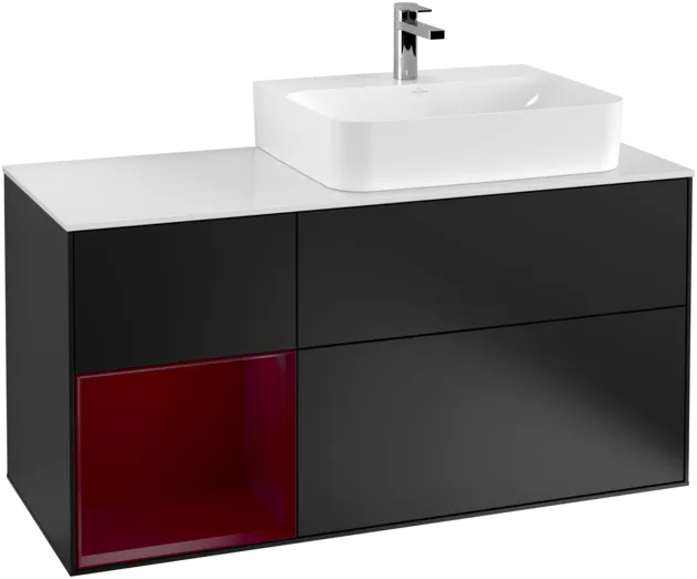 VILLEROY BOCH Toaletní skříňka Finion, s osvětlením, 3 výsuvy, 1200 x 603 x 501 mm, černý matný lak / pivoňkový matný lak / bílé matné sklo #F141HBPD