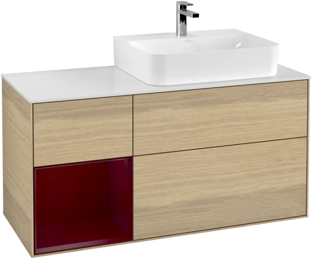 VILLEROY BOCH Toaletní skříňka Finion, s osvětlením, 3 výsuvy, 1200 x 603 x 501 mm, dubová dýha / matný lak Pivoňka / matné bílé sklo #F141HBPC