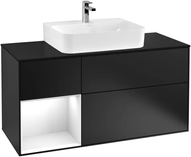 VILLEROY BOCH Toaletní skříňka Finion, s osvětlením, 3 výsuvy, 1200 x 603 x 501 mm, černý matný lak / bílý lesklý lak / černé matné sklo #F162GFPD