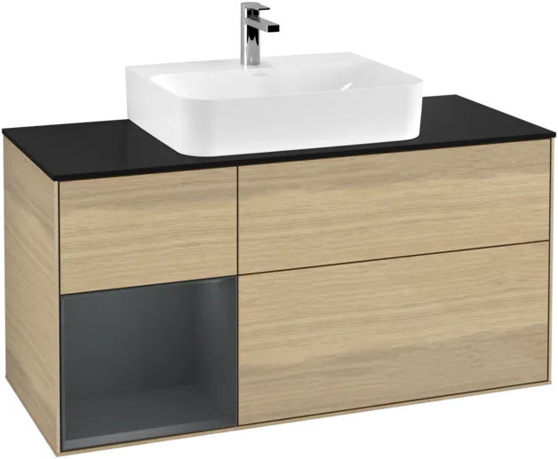 VILLEROY BOCH Toaletní skříňka Finion, s osvětlením, 3 výsuvy, 1200 x 603 x 501 mm, dubová dýha / půlnočně modrý matný lak / černé matné sklo #F162HGPC