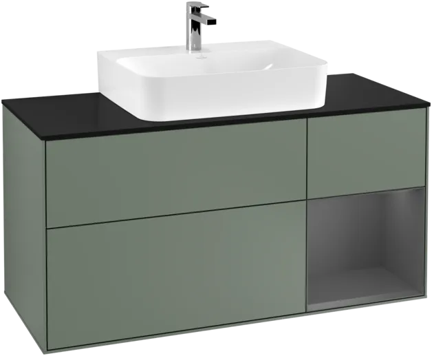 VILLEROY BOCH Toaletní skříňka Finion, s osvětlením, 3 výsuvy, 1200 x 603 x 501 mm, olivový matný lak / antracitový matný lak / černé matné sklo #F172GKGM