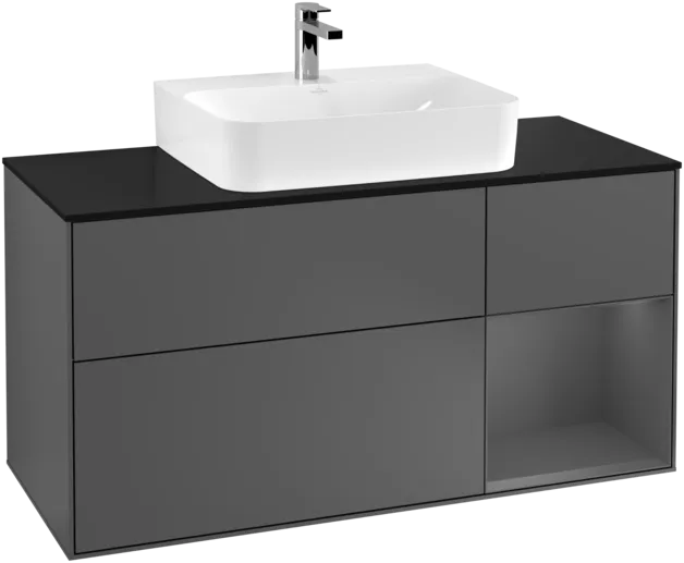 VILLEROY BOCH Toaletní skříňka Finion, s osvětlením, 3 výsuvy, 1200 x 603 x 501 mm, antracit matný lak / antracit matný lak / sklo černé matné #F172GKGK