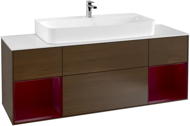 VILLEROY BOCH Toaletní skříňka Finion, s osvětlením, 4 výsuvy, 1600 x 603 x 501 mm, ořechová dýha / matný lak Pivoňka / matné bílé sklo #F211HBGN