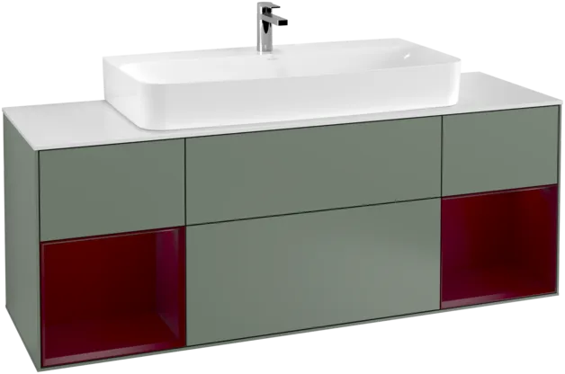 VILLEROY BOCH Toaletní skříňka Finion, s osvětlením, 4 výsuvy, 1600 x 603 x 501 mm, olivový matný lak / pivoňkový matný lak / bílé matné sklo #F211HBGM