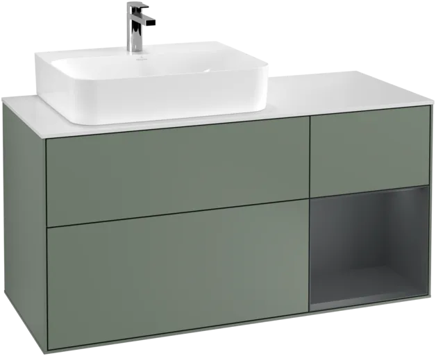 VILLEROY BOCH Toaletní skříňka Finion, s osvětlením, 3 výsuvy, 1200 x 603 x 501 mm, olivový matný lak / půlnoční modrý matný lak / bílé matné sklo #F151HGGM