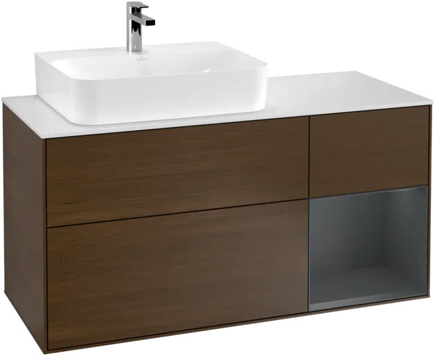 VILLEROY BOCH Toaletní skříňka Finion, s osvětlením, 3 výsuvy, 1200 x 603 x 501 mm, ořechová dýha / půlnočně modrý matný lak / sklo bílé matné #F151HGGN