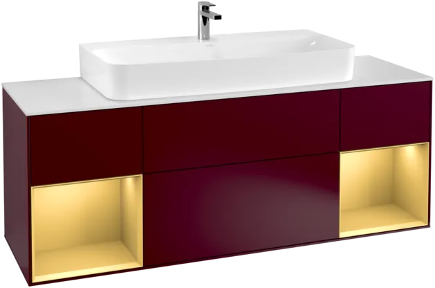 VILLEROY BOCH Toaletní skříňka Finion, s osvětlením, 4 výsuvy, 1600 x 603 x 501 mm, Peony Matt Lacquer / Gold Matt Lacquer / Glass White Matt #F211HFHB