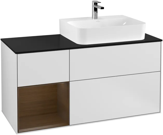VILLEROY BOCH Toaletní skříňka Finion, s osvětlením, 3 výsuvy, 1200 x 603 x 501 mm, bílý matný lak / ořechová dýha / černé matné sklo #F142GNMT