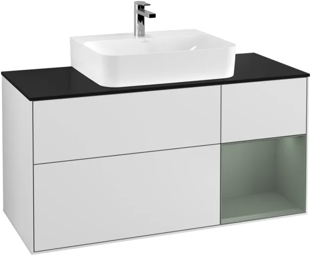 VILLEROY BOCH Toaletní skříňka Finion, s osvětlením, 3 výsuvy, 1200 x 603 x 501 mm, bílý matný lak / olivový matný lak / černé matné sklo #F172GMMT