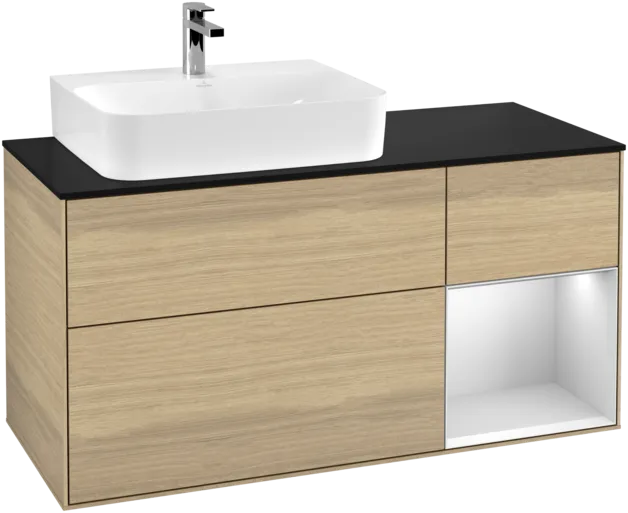 VILLEROY BOCH Toaletní skříňka Finion, s osvětlením, 3 výsuvy, 1200 x 603 x 501 mm, dubová dýha / bílý matný lak / černé matné sklo #F152MTPC