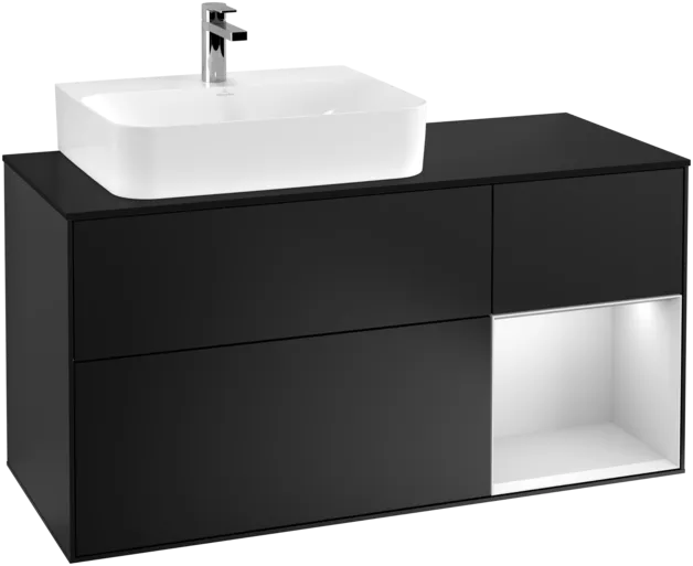 VILLEROY BOCH Toaletní skříňka Finion, s osvětlením, 3 výsuvy, 1200 x 603 x 501 mm, černý matný lak / bílý matný lak / černé matné sklo #F152MTPD