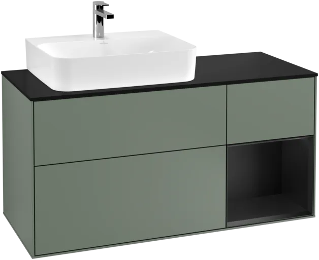 VILLEROY BOCH Toaletní skříňka Finion, s osvětlením, 3 výsuvy, 1200 x 603 x 501 mm, olivový matný lak / černý matný lak / černé matné sklo #F152PDGM, obrázek 1