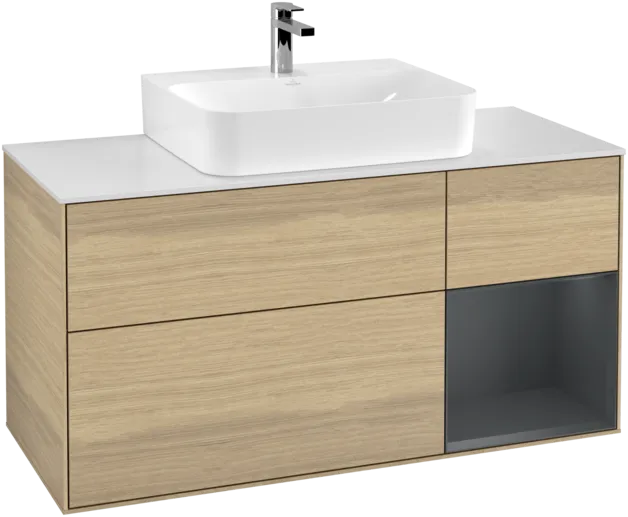 VILLEROY BOCH Toaletní skříňka Finion, s osvětlením, 3 výsuvy, 1200 x 603 x 501 mm, dubová dýha / půlnočně modrý matný lak / bílé matné sklo #F171HGPC, obrázek 1