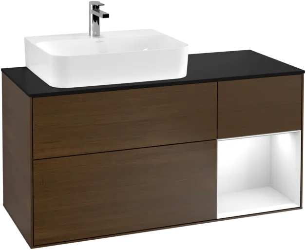 VILLEROY BOCH Toaletní skříňka Finion, s osvětlením, 3 výsuvy, 1200 x 603 x 501 mm, ořechová dýha / lesklý bílý lak / sklo černé matné #F152GFGN, obrázek 1
