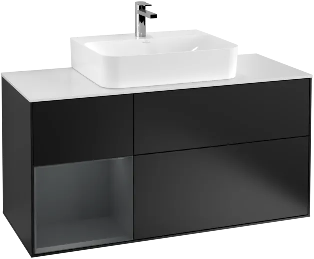 VILLEROY BOCH Toaletní skříňka Finion, s osvětlením, 3 výsuvy, 1200 x 603 x 501 mm, černý matný lak / půlnoční modrý matný lak / bílé matné sklo #F161HGPD