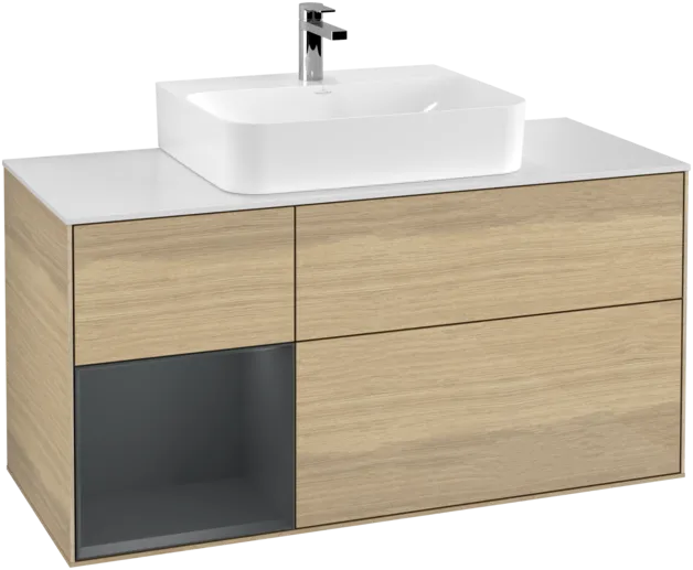VILLEROY BOCH Toaletní skříňka Finion, s osvětlením, 3 výsuvy, 1200 x 603 x 501 mm, dubová dýha / půlnočně modrý matný lak / bílé matné sklo #F161HGPC