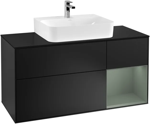VILLEROY BOCH Toaletní skříňka Finion, s osvětlením, 3 výsuvy, 1200 x 603 x 501 mm, černý matný lak / olivový matný lak / černé matné sklo #F172GMPD