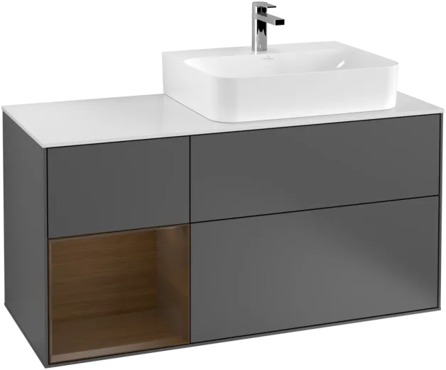 VILLEROY BOCH Toaletní skříňka Finion, s osvětlením, 3 výsuvy, 1200 x 603 x 501 mm, antracit matný lak / ořechová dýha / sklo bílé matné #F141GNGK
