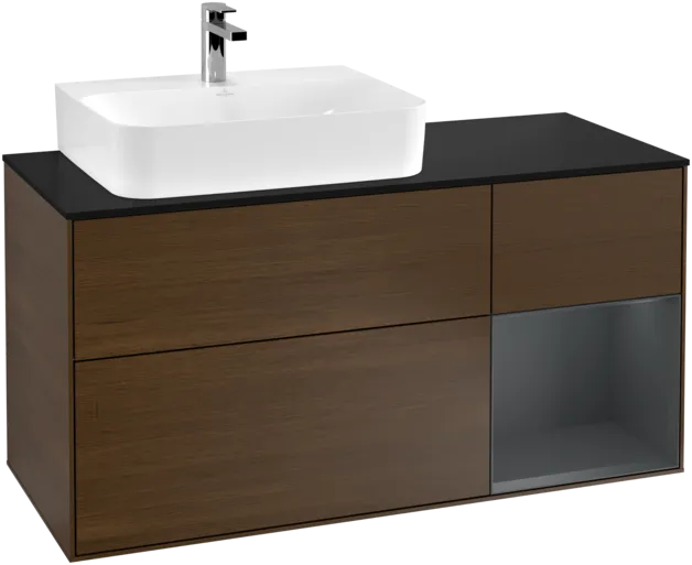 VILLEROY BOCH Toaletní skříňka Finion, s osvětlením, 3 výsuvy, 1200 x 603 x 501 mm, ořechová dýha / půlnočně modrý matný lak / černé matné sklo #F152HGGN