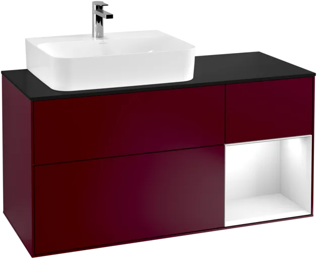 VILLEROY BOCH Toaletní skříňka Finion, s osvětlením, 3 výsuvy, 1200 x 603 x 501 mm, matný lak Peony / lesklý bílý lak / černé matné sklo #F152GFHB